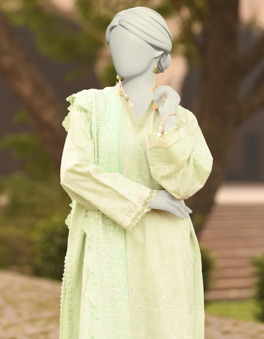 Junaid Jamshaid 3PC-JLAWN-S-25-3149 Green Cambric Schiffli  Shades Of Summer 2025 - Image 2