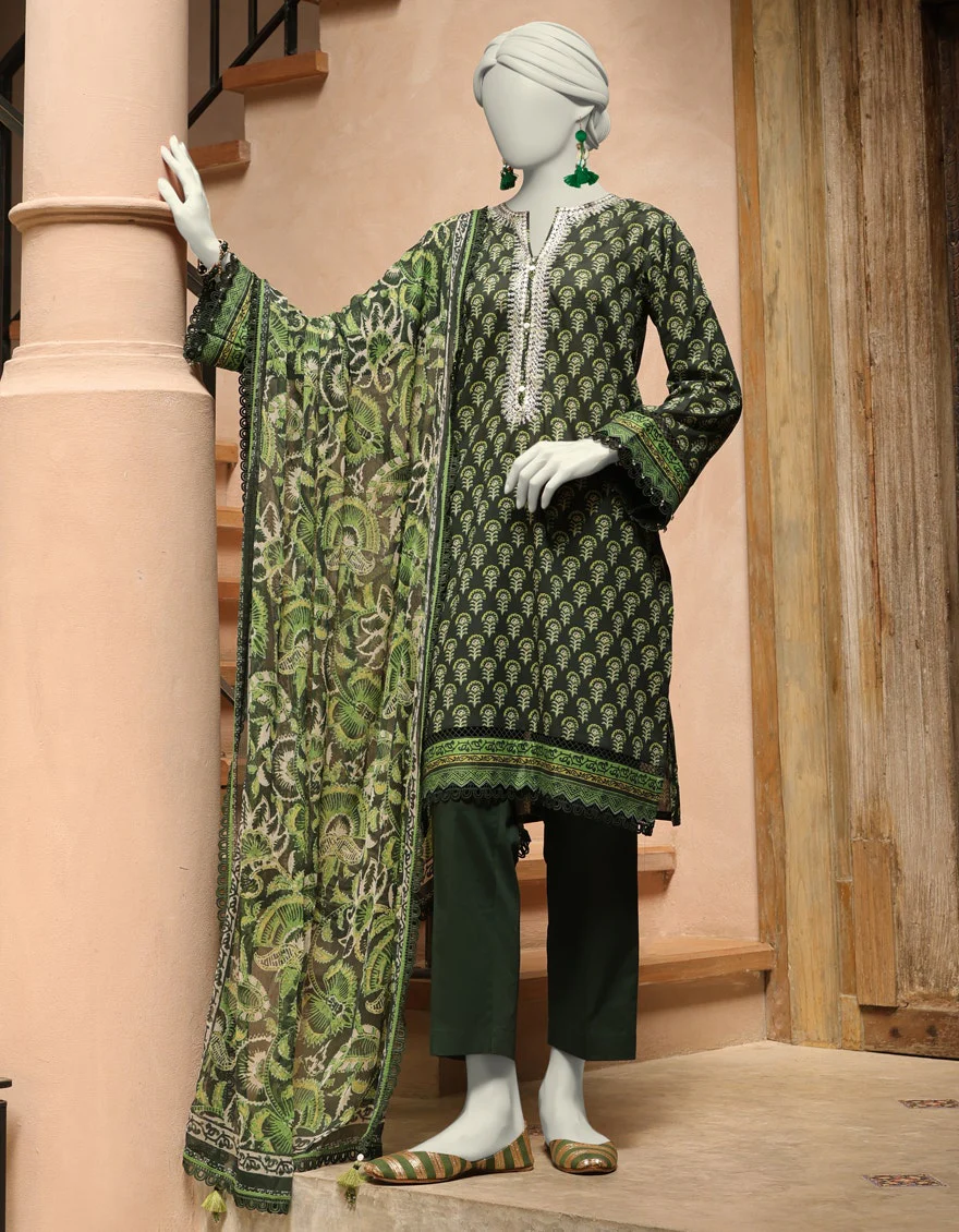Junaid Jamshaid 3PC-JLAWN-S-25-3293-B Green Lawn Embroidered Shades Of Summer 2025