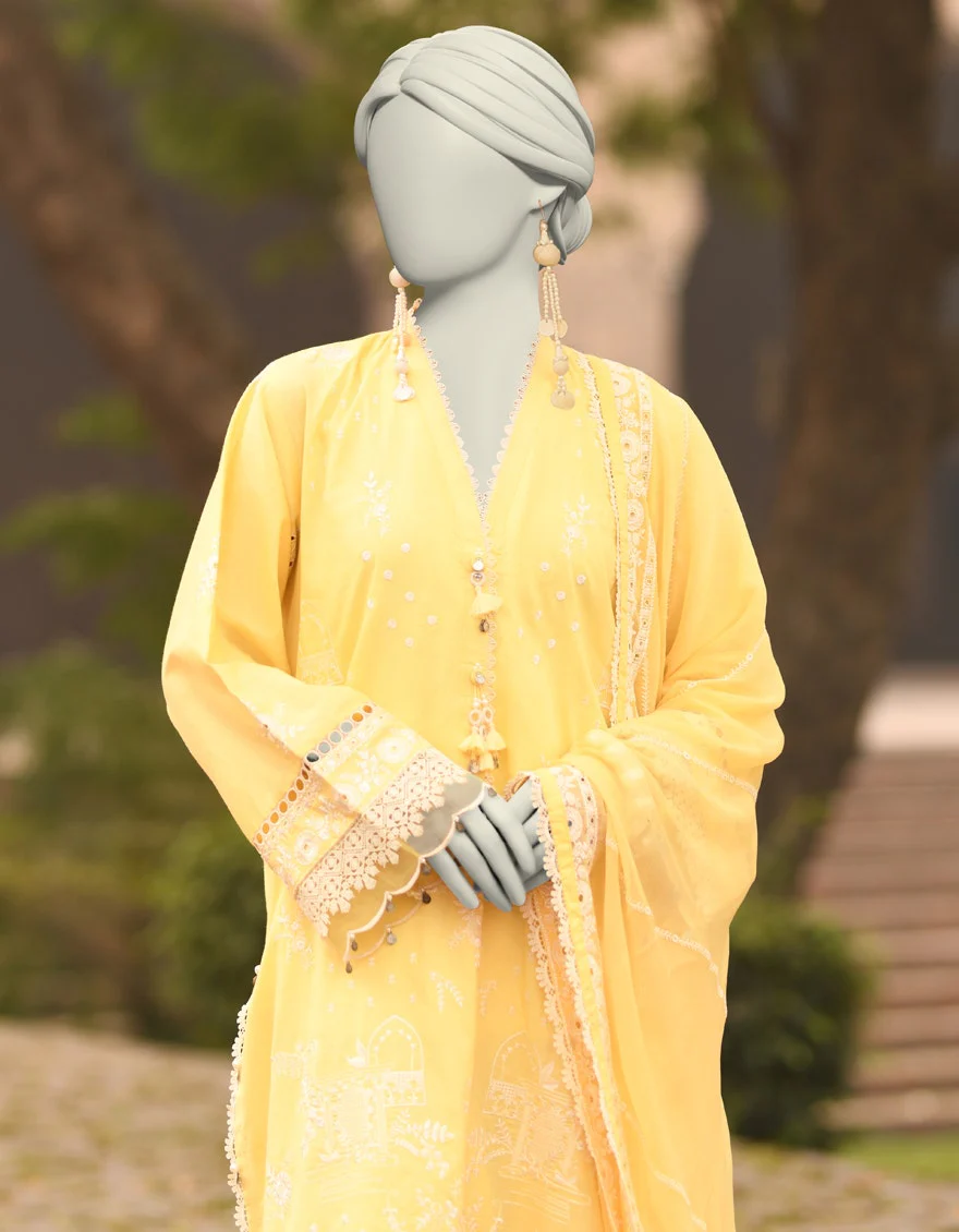 Junaid Jamshaid DATA-ITEM-PAGE="3"> Yellow Lawn Schiffli 3pc Jlawn S 25 3156 Shades Of Summer 2025 - Image 2